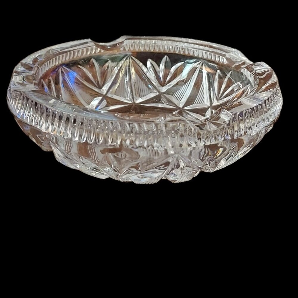 Vintage Cut Bohemia Czech Crystal Ash Dish Round 5.5 Diameter Geometric Design - Picture 2 of 8